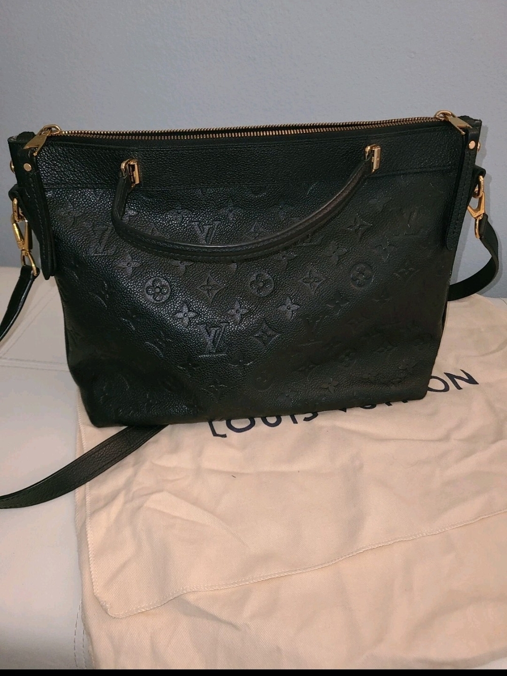 Louis Vuitton Monogram Black Leather Handbag Crossbody Tote Purse